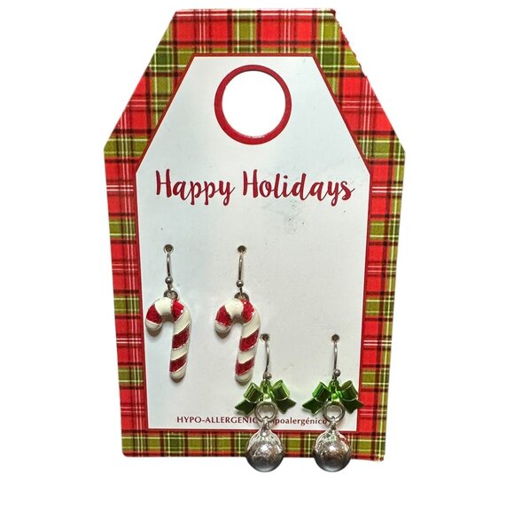 Holiday Hypo Allergenic Candy Cane Bell Earrings Set With Festive Plaid Backing - Picture 2 of 8